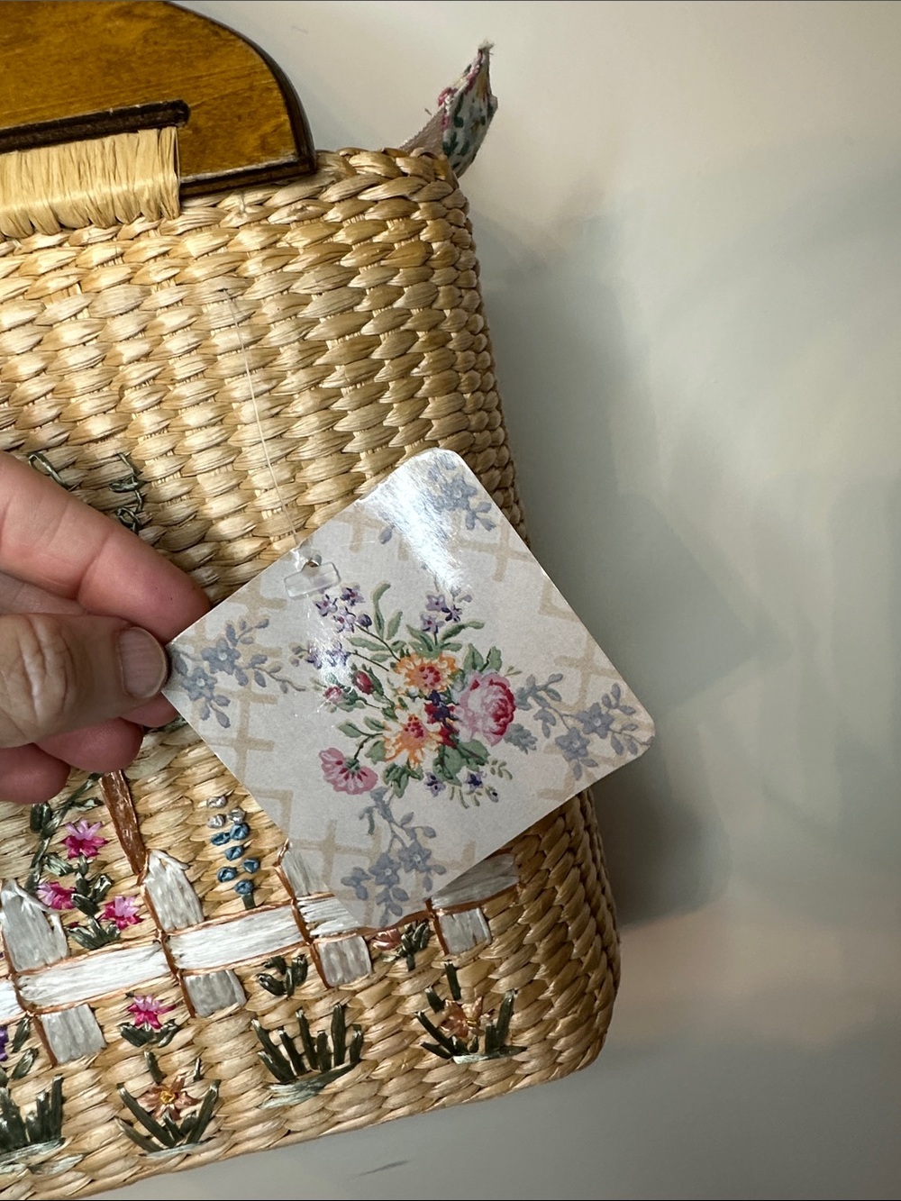 Woven Straw Handbag with Wooden Handles and Floral Detail - Natural - Picture 2 of 6